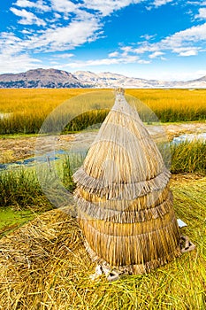 Floating Islands on Lake Titicaca Puno, Peru, South America,thatched home