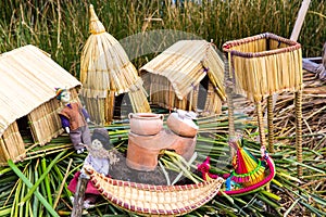 Floating Islands on Lake Titicaca Puno, Peru, South America, thatched home. Dense root that plants Khili