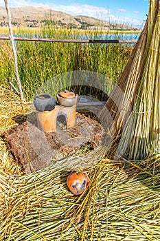 Floating Islands on Lake Titicaca Puno, Peru, South America, thatched home. Dense root that plants Khili interweave