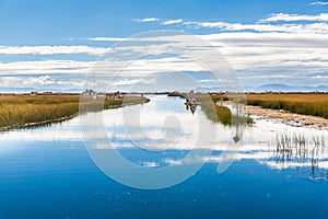 Floating Islands on Lake Titicaca,South America, located on border of Peru and Bolivia. It sits 3,812 m above sea level