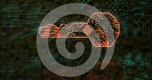 Floating key glowing with neon red traces in virtual grid, with solder points on reflective surface