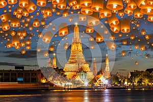 Floating lamp in yee peng festival under loy krathong day at wat arun, Bangkok, Thailand