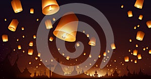 Floating lantern, Yi Peng lantern festival in Chiang Mai thailand, banner poster design at night background