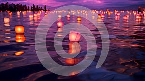 Floating lanterns above a lake with purple sunset sky