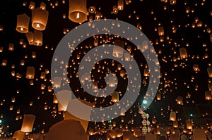 Floating lanterns or Balloon on the sky background.