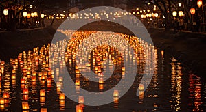 Floating lanterns light up the river at night
