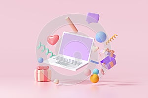 Floating Laptop blank screen with gift, heart, ribbon and geometric shapes on pink background