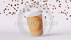 Floating latte cup flying beans 3D render motion blur copy space. Energy sip Need to focus Drink coffee Coffee to go sale