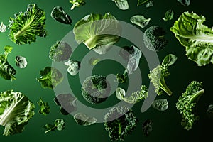 Floating leafy greens on emerald background