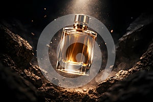Floating Luxury Perfume Bottle In Dramatic Dark Cinematic Environment
