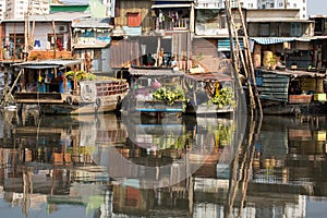 Floating market with reflection in water