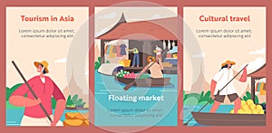 Floating Market in Thailand Cartoon Banners. Saleswoman Character in Straw Hat on Boat with Paddle Sell and Buy Goods