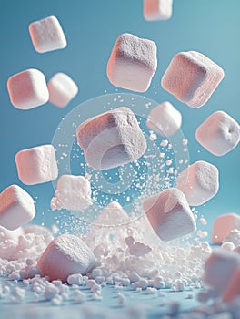Floating marshmallows over a blue background.