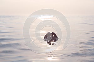 Floating med feet in serene sea water in sunset