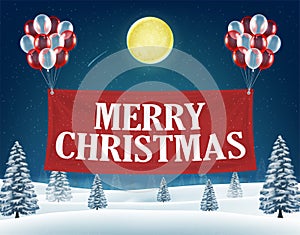 Floating merry christmas banner with balloons