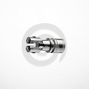 Floating metal coupler for leg extenders, floating in mid air horizontally, on solid white background