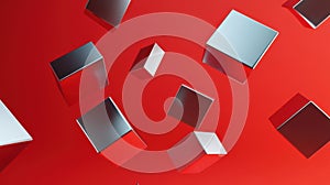 Floating metallic cubes on a vibrant red background, modern abstract design