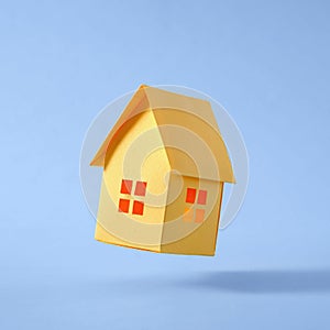 Floating model of a little yellow house on blue