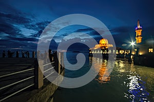 Floating mosque - Al Hussain Mosque Kuala Perlis during sunset photo