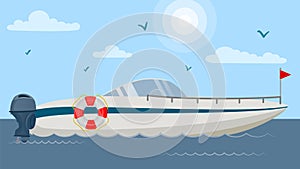 Floating motor speed boat vector illustration flat. Vessel yacht ship with lifebuoy at sea ocean lake water. Luxury