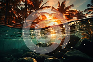 Floating ocean and palm tree snapshots in harmony, summer landscape image