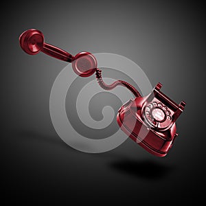Floating Old Red telephone with shadow against black gradient background