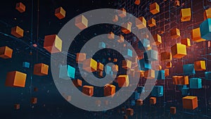 Abstract 3D Floating Blocks in a Digital Network