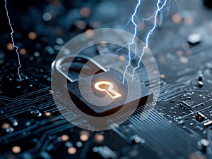 A floating padlock icon on an illuminated circuit board, representing data security in cloud computing The background is dark blue
