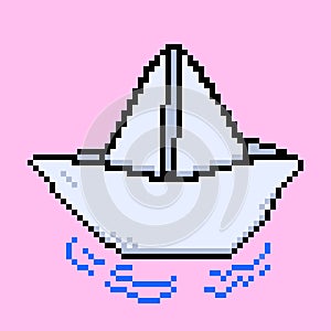 Floating paper boat pixel art vector illustration