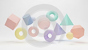 Colored geometric shapes include cubes cylinders spheres pyramids