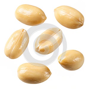 Floating peeled peanuts isolated on white background