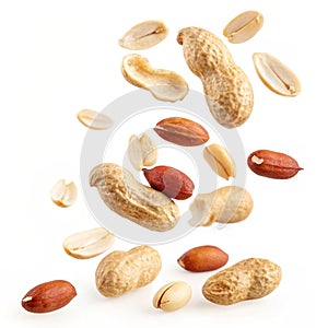 Floating peeled peanuts isolated on white background