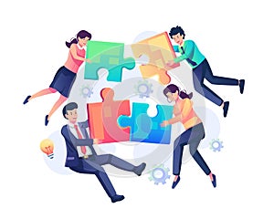 Floating people connecting piece puzzle elements. Team metaphor, teamwork, Business cooperation, partnership concept