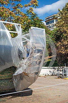 Floating Pier Wrapped in Protective Plastic