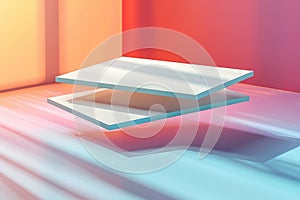 Floating pile of white sheets on a pink background. Digital artwork. AIG49.