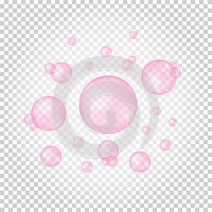 Floating pink bubbles on transparent background. Cherry or strawberry gum. Fizzy carbonated water texture. Soap foam