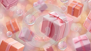 floating pink gift boxes soft bubbles
