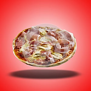 Floating Pizza Fantasia on red radial gradient