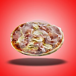 Floating Pizza Fantasia on red radial gradient photo