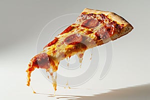 Floating pizza slice with stringy cheese and pepperoni, casting shadows on a light surface