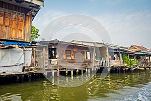 Floating poor house on the Chao Phraya river. Thailand, Bangkok