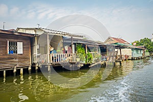 Floating poor house on the Chao Phraya river. Thailand, Bangkok