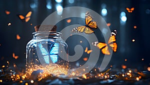 A floating potion surrounded by butterflies