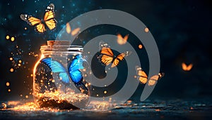 A floating potion surrounded by butterflies