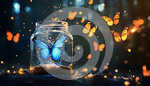A floating potion surrounded by butterflies