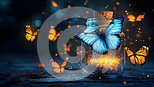 A floating potion surrounded by butterflies