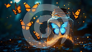 A floating potion surrounded by butterflies