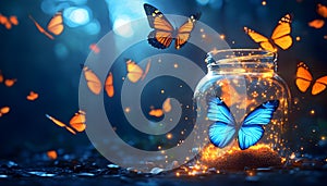 A floating potion surrounded by butterflies