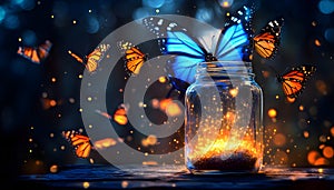 A floating potion surrounded by butterflies