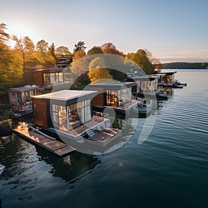 Floating prefab boathouse homes on autumn forest lakefront